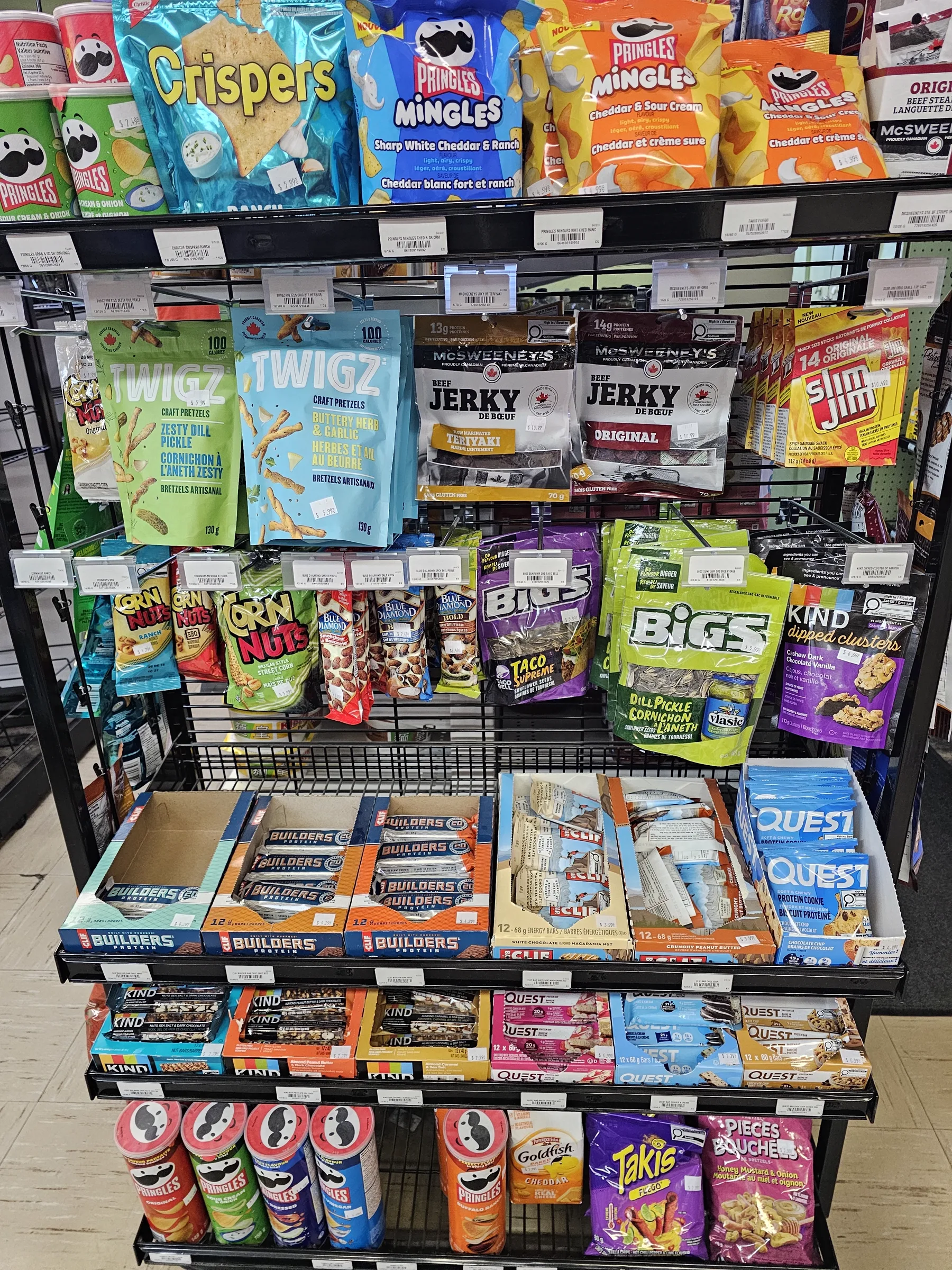 Snack rack with chips, jerky, trail mix and protein bars